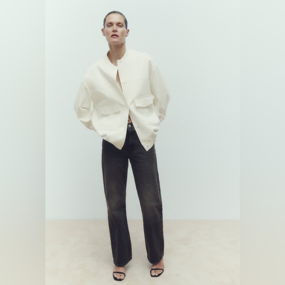 🤍 Zara Oyster White Oversized Long Bomber Jacket with Patch Pockets